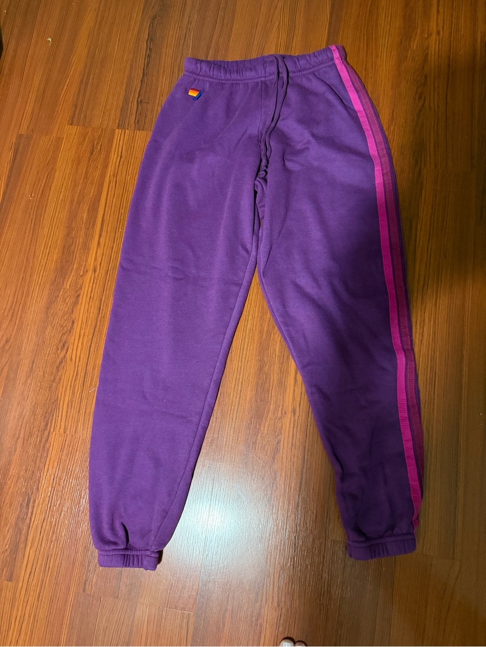 Aviator Nation Purple Track Pants with Pink and Teal Stripes - Picture 2 of 4